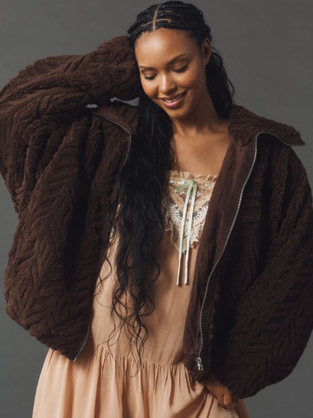 NWT Anthropologie Pilcro Textured Faux Fur Jacket in Chicory Coffee, XL